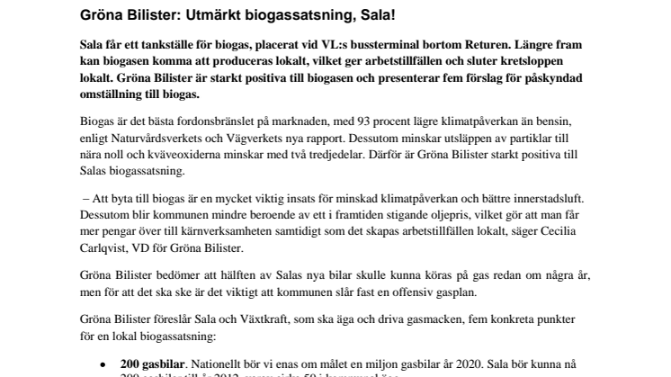 Gröna Bilister: Utmärkt biogassatsning, Sala!