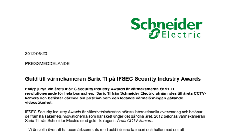 Guld till värmekameran Sarix TI på IFSEC Security Industry Awards