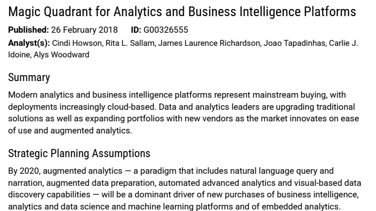Gartner’s Magic Quadrant 2018 - Analytics and Business Intelligence Platforms 
