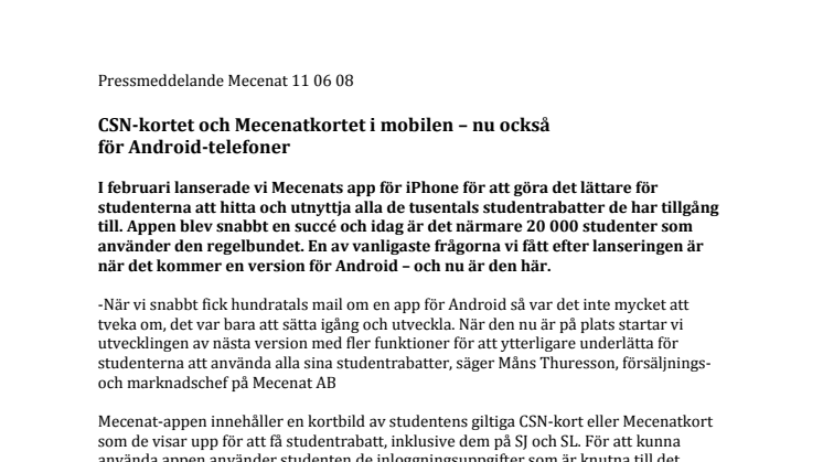 CSN-kortet och Mecenatkortet i mobilen – nu också för Android-telefoner