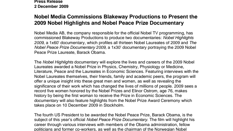 Nobel Media Commissions Blakeway Productions to Present the 2009 Nobel Highlights and Nobel Peace Prize Documentary 