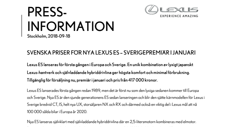 Svenska priser för nya Lexus ES - Sverigepremiär i januari