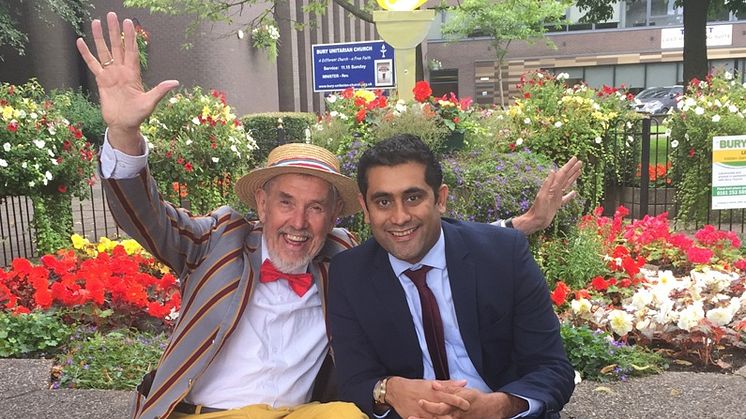 Chris Foote-Wood and Cllr Rishi Shori at the proposed site of the Victoria Wood memorial statue. 