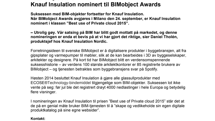 Knauf Insulation nominert til BIMobject Awards