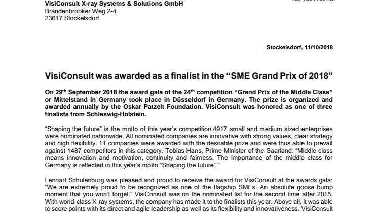 VisiConsult was awarded as a finalist in the “SME Grand Prix of 2018”