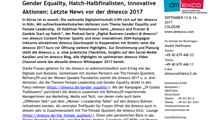 Gender Equality, Hatch-Halbfinalisten, innovative Aktionen: Letzte News vor der dmexco 2017