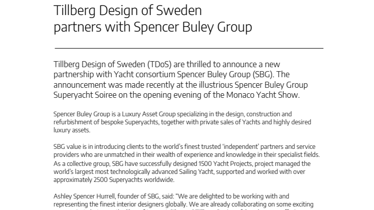 Tillberg Design of Sweden partners with Spencer Buley Group 