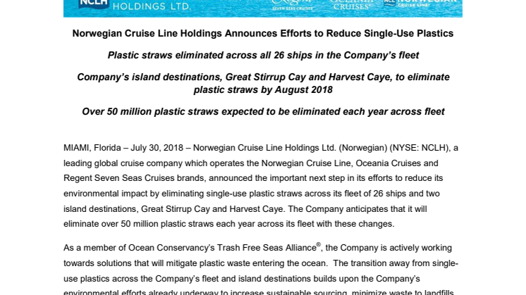 Norwegian Cruise Line Holdings Announces Efforts to Reduce Single-Use Plastics