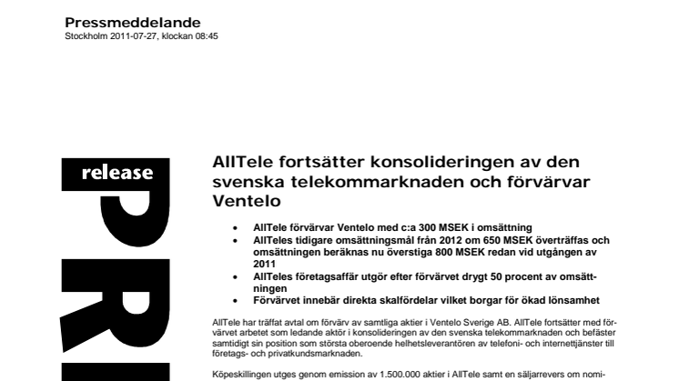 AllTele fortsätter konsolideringen av den svenska telekommarknaden och förvärvar Ventelo