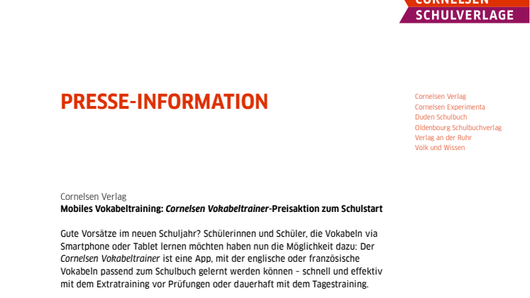Mobiles Vokabeltraining passend zum Schulbuch: Cornelsen Vokabeltrainer-Preisaktion zum Schulstart 