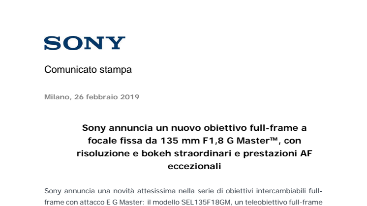 Sony annuncia un nuovo obiettivo full-frame a focale fissa da 135 mm F1,8 G Master™, con risoluzione e bokeh straordinari e prestazioni AF eccezionali 