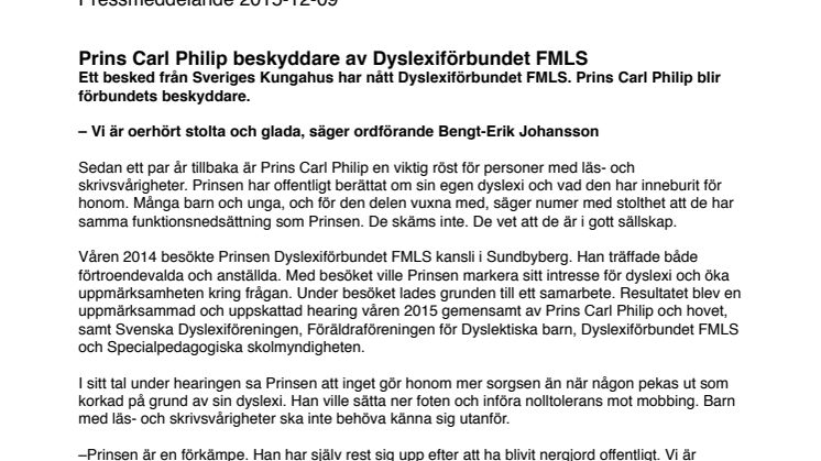 Prins Carl Philip beskyddare av Dyslexiförbundet FMLS