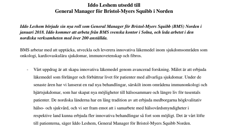Iddo Leshem utsedd till General Manager för Bristol-Myers Squibb i Norden