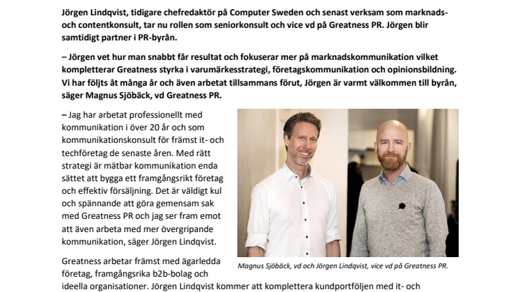 Jörgen Lindqvist ny partner på Greatness PR