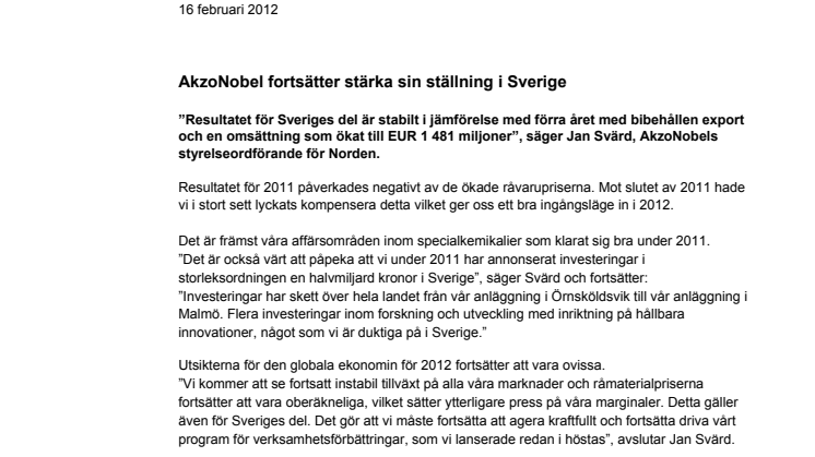 AkzoNobel fortsätter stärka sin ställning i Sverige