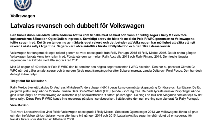 Latvalas revansch och dubbelt för Volkswagen
