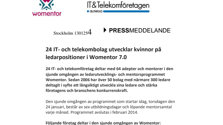 24 IT- och telekombolag utvecklar kvinnor på ledarpositioner i Womentor 7.0