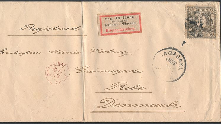 Japanese letter from Nagasaki to Ribe in Denmark. Estimate: DKK 75,000 / € 10,000.