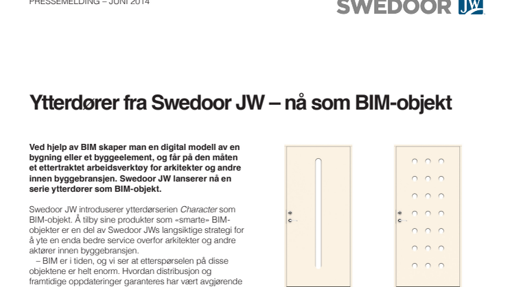 Ytterdører fra Swedoor JW – nå som BIM-objekt