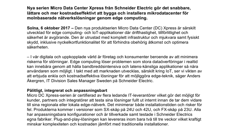 Schneider Electric lanserar nya mikrodatacenter för IoT