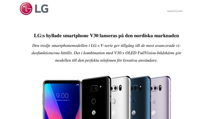 LG:s hyllade smartphone V30 lanseras på den nordiska marknaden