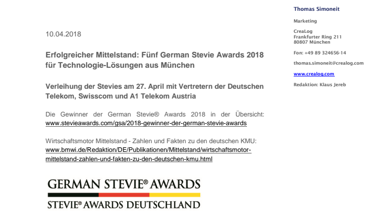 Erfolgreicher Mittelstand: Fünf German Stevie Awards 2018 für Technologie-Lösungen aus München