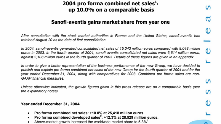 2004 pro forma combined net sales up 10.0% on a comparable basis