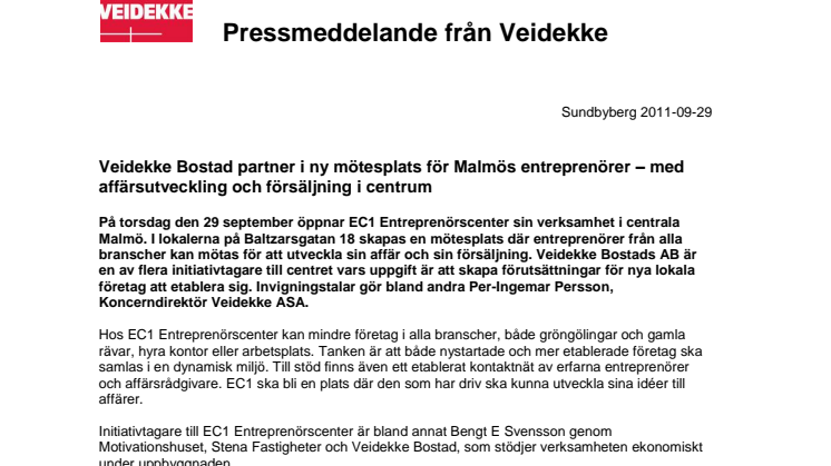 Veidekke Bostad partner i ny mötesplats för Malmös entreprenörer – med affärsutveckling och försäljning i centrum  