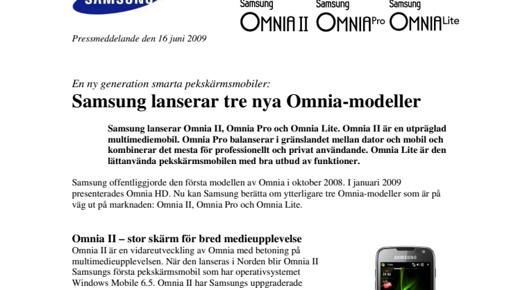 Samsung lanserar tre nya Omnia-modeller