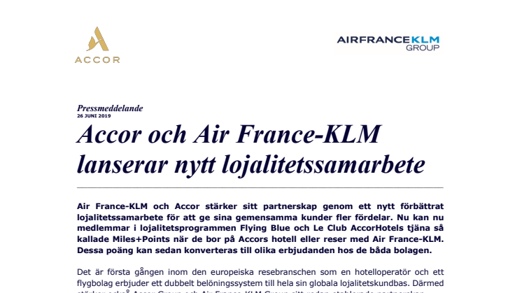 Accor och Air France-KLM lanserar nytt lojalitetssamarbete