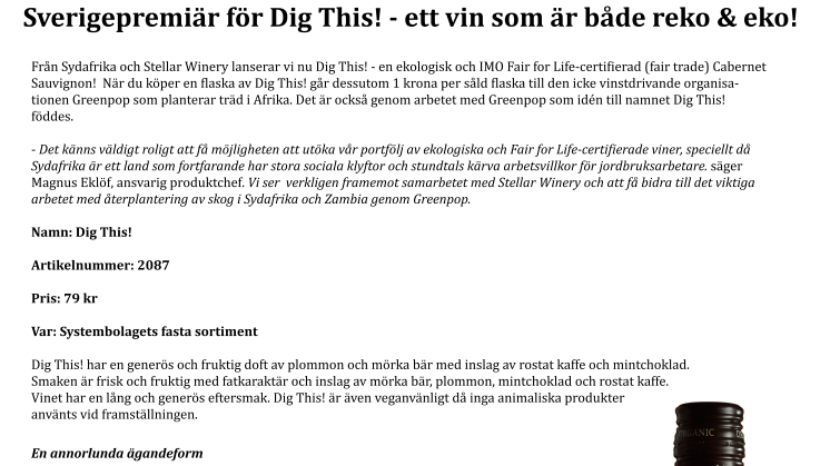 Sverigepremiär för Dig This! - ett vin som är både reko & eko!