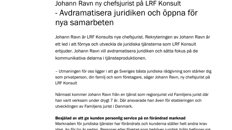 Johann Ravn ny chefsjurist på LRF Konsult: Avdramatisera juridiken och öppna för nya samarbeten