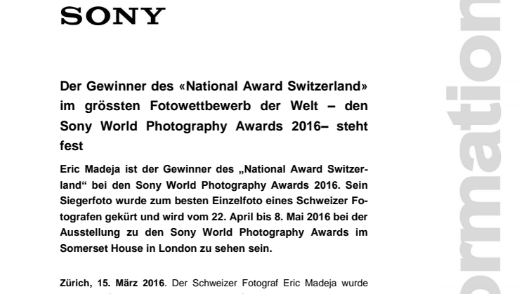 Der Gewinner des «National Award Switzerland» im grössten Fotowettbewerb der Welt – den Sony World Photography Awards 2016 – steht fest