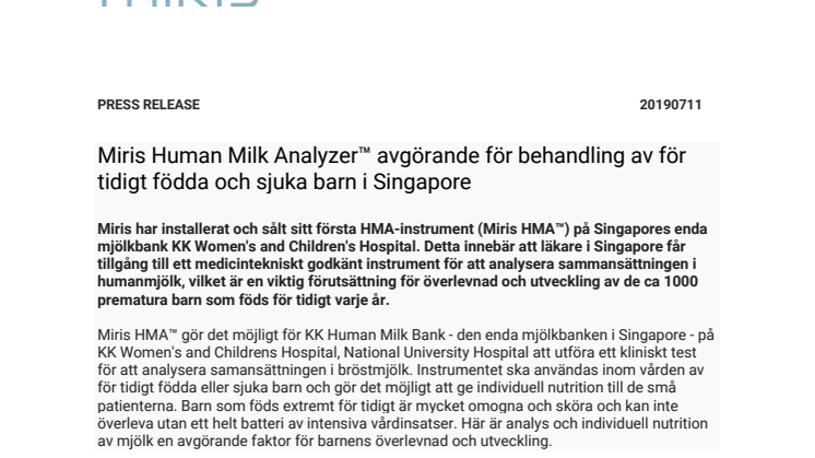 Miris Human Milk Analyzer™ avgörande för behandling av för tidigt födda och sjuka barn i Singapore