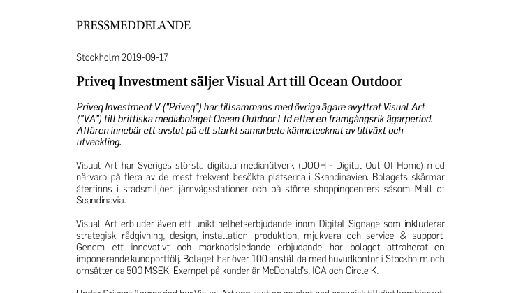 Priveq Investment säljer Visual Art till Ocean Outdoor