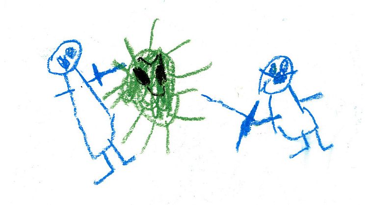 "Corona. Two children fighting Corona" Children's drawing about COVID-19 pandemic