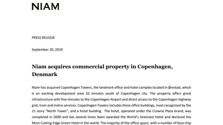 Niam acquires commercial property in Copenhagen, Denmark
