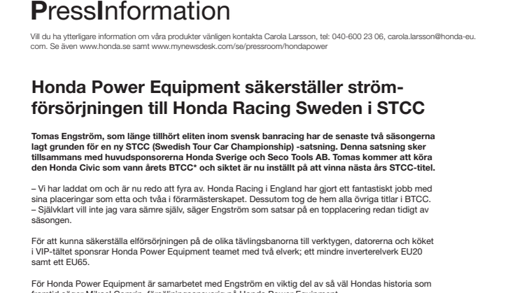 Honda Power Equipment säkerställer strömförsörjningen till Honda Racing Sweden i STCC
