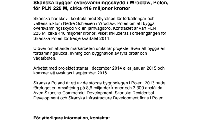 Skanska bygger översvämningsskydd i Wroclaw, Polen, för PLN 225 M, cirka 416 miljoner kronor