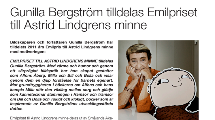 Gunilla Bergström tilldelas Emilpriset till Astrid Lindgrens minne 