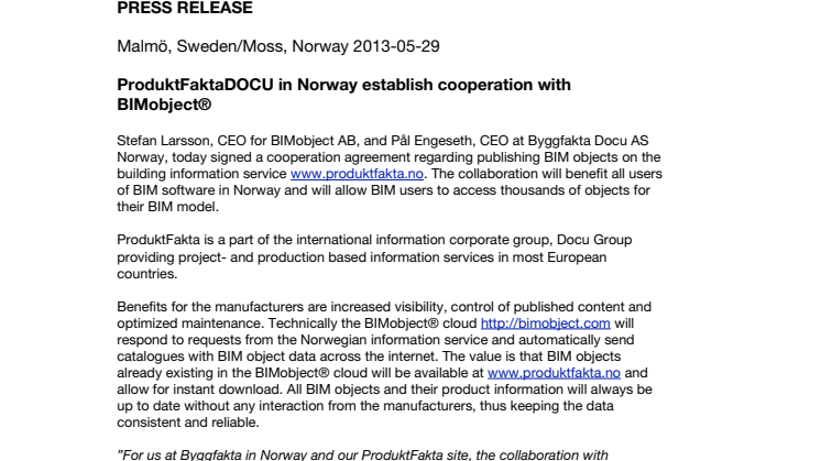 ProduktFaktaDOCU in Norway establish cooperation with BIMobject®