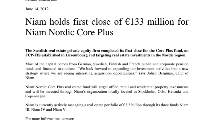 Niam holds first close of €133 million for Niam Nordic Core Plus