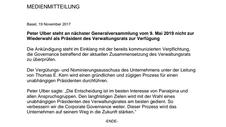 Peter Ulber steht an nächster Generalversammlung vom 9. Mai 2019 nicht zur Wiederwahl als Präsident des Verwaltungsrats zur Verfügung 