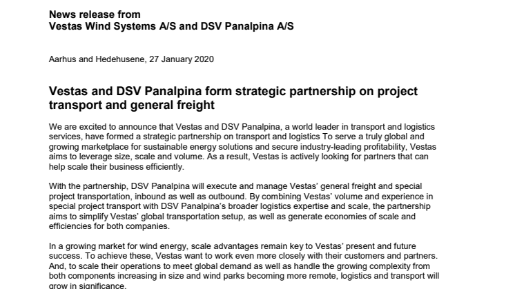 Vestas and DSV Panalpina form strategic partnership on project transport and general freight 