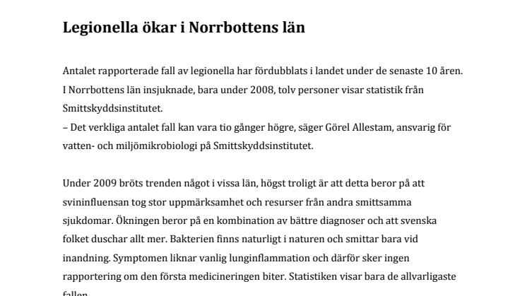 Legionella ökar i Norrbottens län