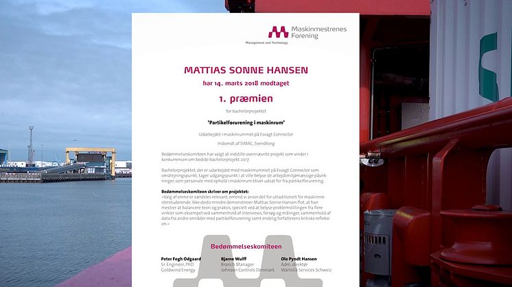 Maskinmestrenes Forening har kåret Mattias Sonne Hansens projekt om det fysiske arbejdsmiljø i skibes maskinrum til årets bedste bachelorprojekt.