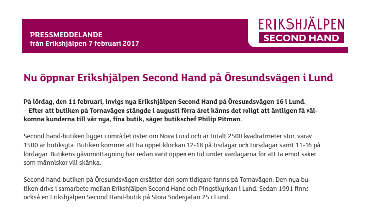 Nu öppnar Erikshjälpen Second Hand på Öresundsvägen i Lund