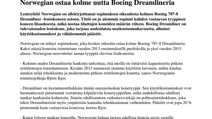 Norwegian ostaa kolme uutta Boeing Dreamlineria