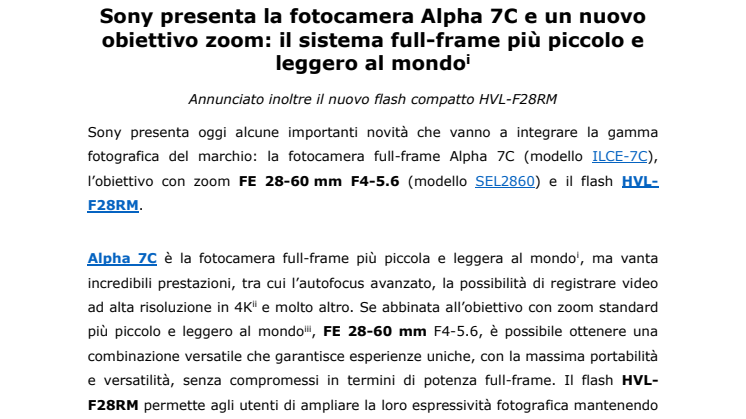 Sony presenta la fotocamera Alpha 7C e un nuovo obiettivo zoom: il sistema full-frame più piccolo e leggero al mondo[i] 