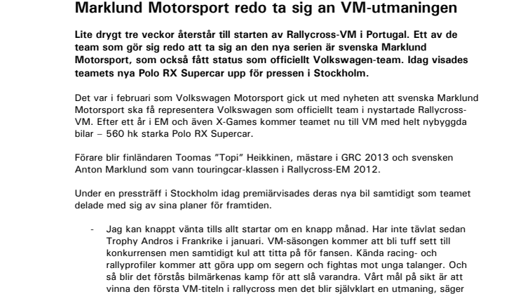 Marklund Motorsport redo ta sig an VM-utmaningen